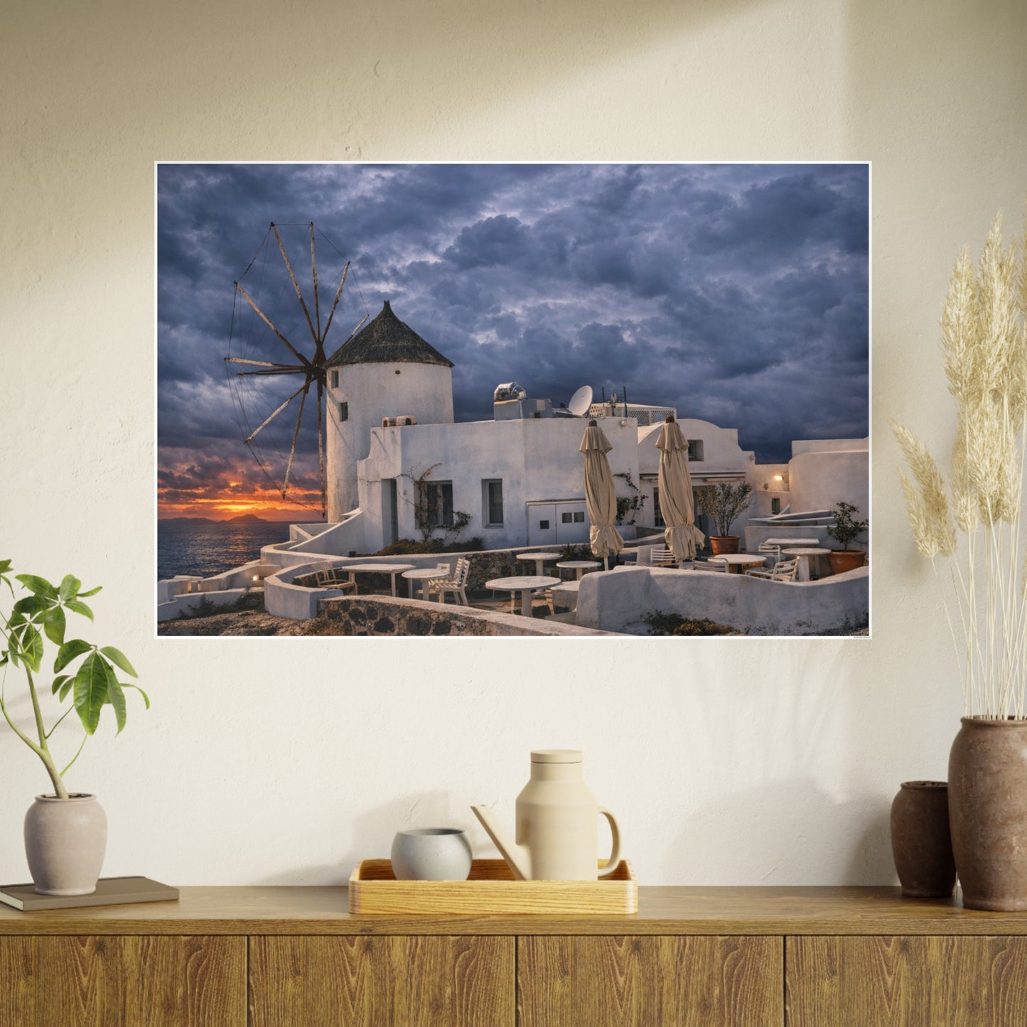 Oia Santorini Windmill Sunset Poster — Mediterranean Landscape Photo Art Print