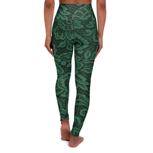 High-Waisted Yoga Leggings — Green Paisley Floral Print