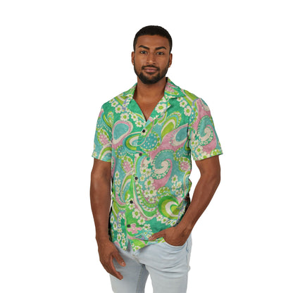 Green Paisley Hawaiian Camp Shirt — Retro Floral Aloha Button-Up