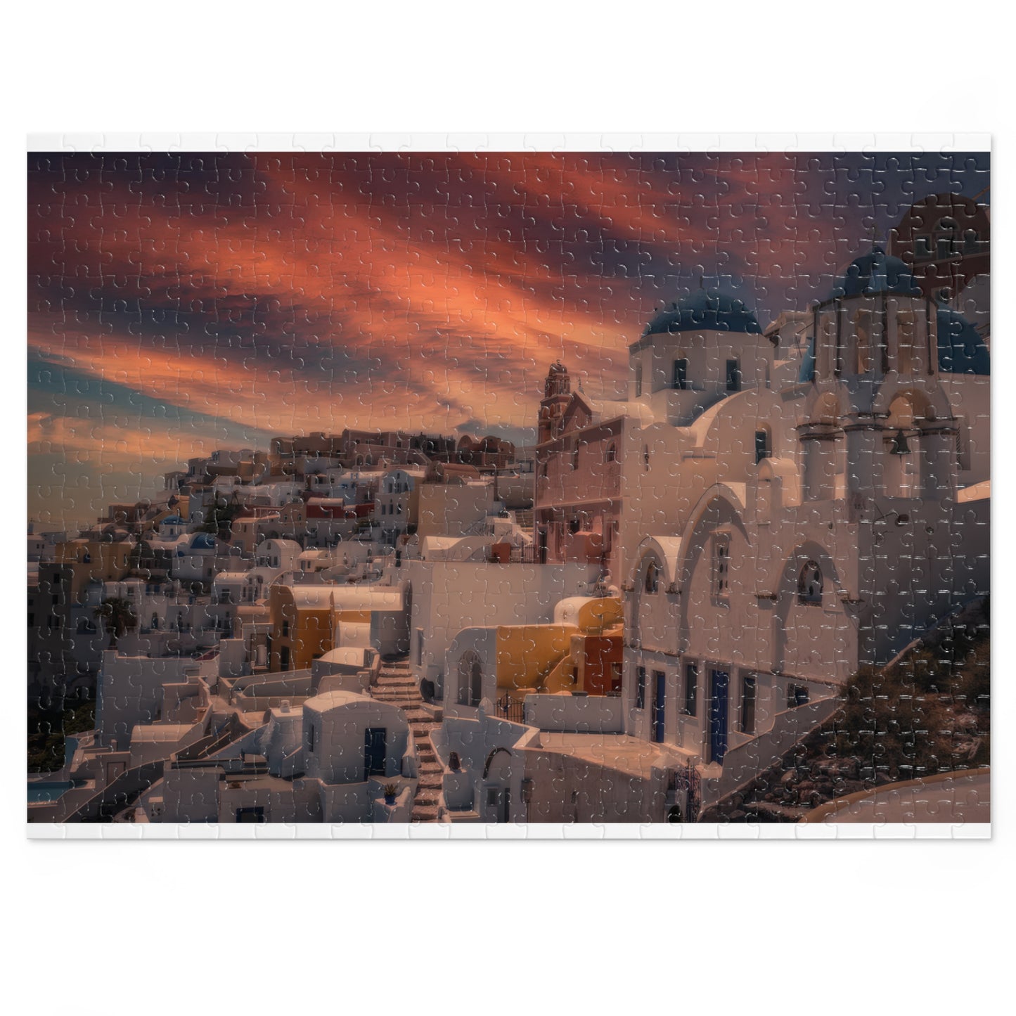 Santorini Sunset Jigsaw Puzzle, Oia Greece Blue Dome Game, Dreamy Mediterranean Sky Art, Greek Island Travel Gift, Aesthetic Scenic Puzzle