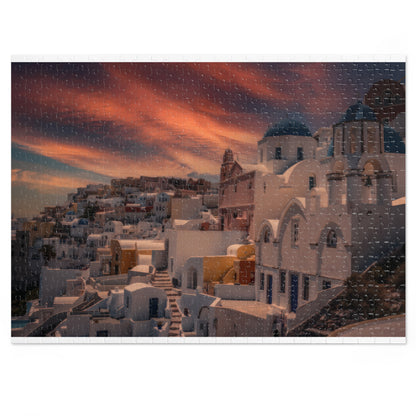 Santorini Sunset Jigsaw Puzzle, Oia Greece Blue Dome Game, Dreamy Mediterranean Sky Art, Greek Island Travel Gift, Aesthetic Scenic Puzzle