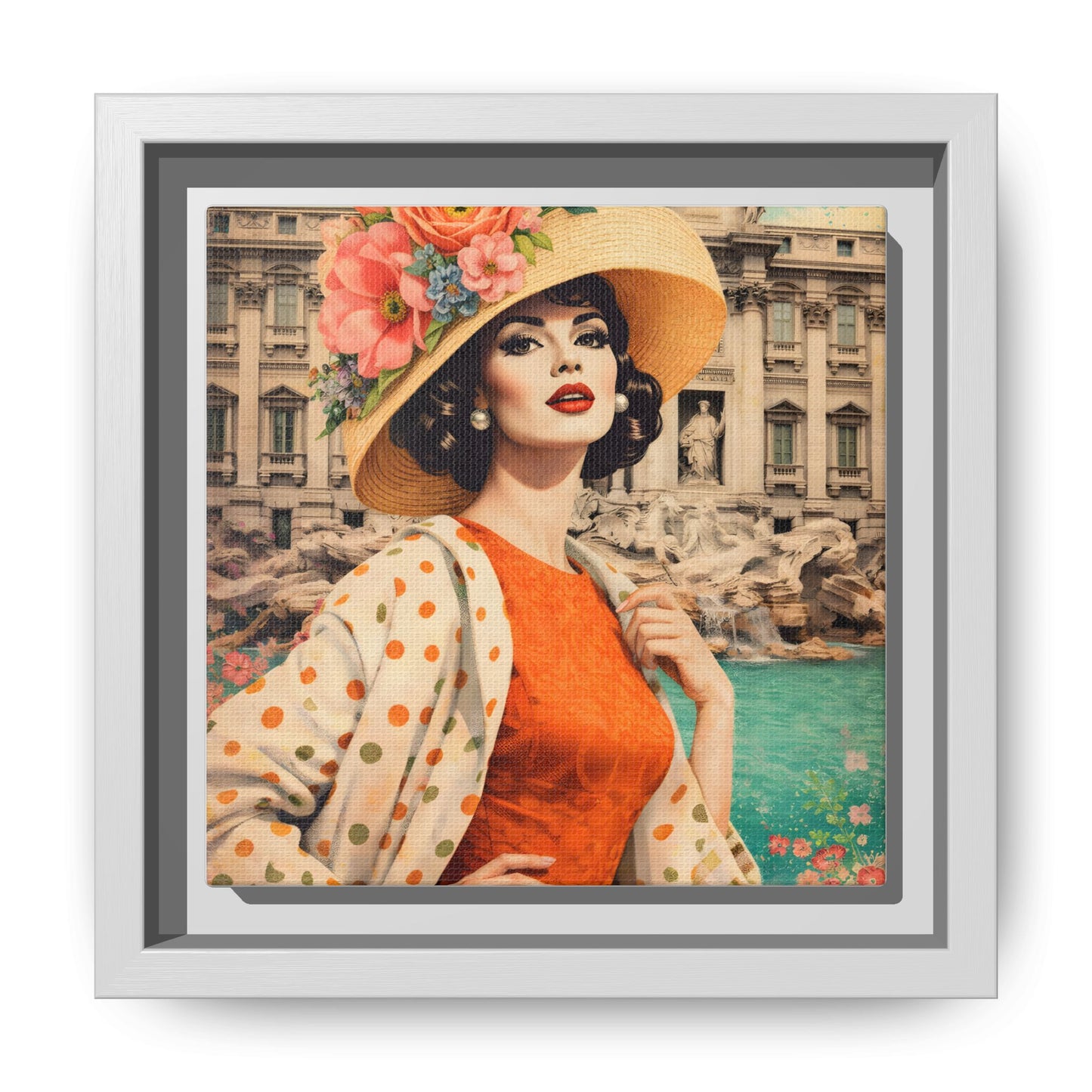 Elegant glamorous vintage woman in Rome front of Trevi Fountain, retro Italian travel fashion illustration,Framed Matte Canvas Art