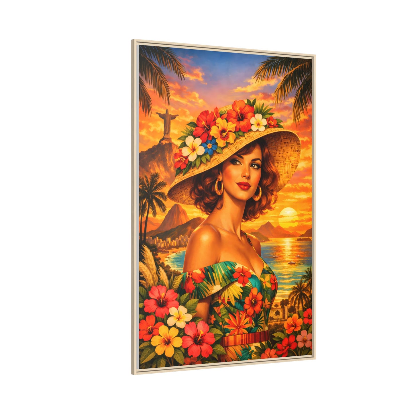 Elegant glamorous vintage woman in Rio de Janeiro front of Christ the Redeemer statue, retro Brazilian travel fashion illustration Canvas — Framed