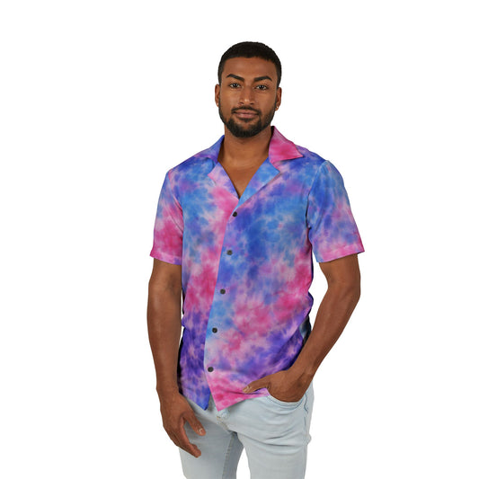 Men's Tie-Dye Hawaiian Camp Shirt — Pink & Blue Vacation Button-Up