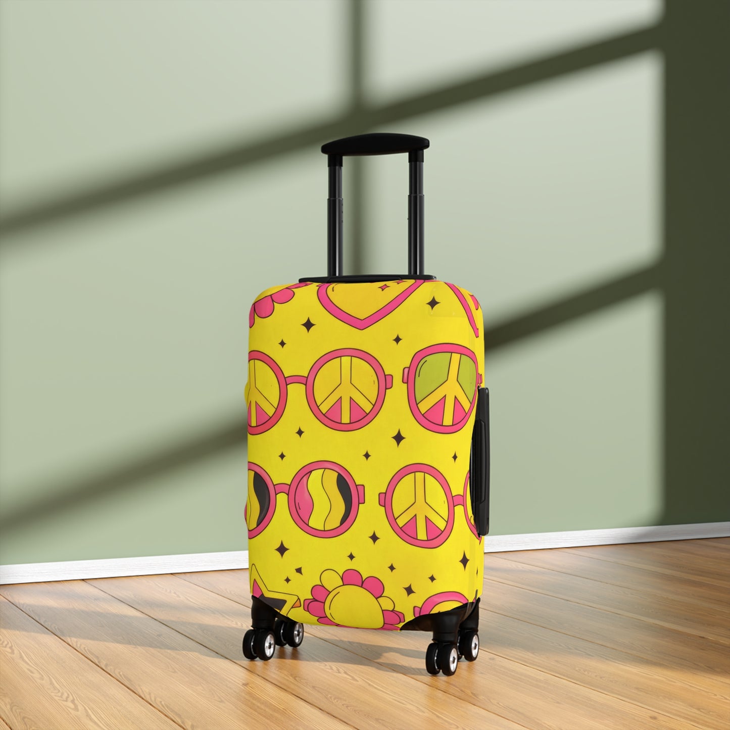 Retro Sunshine Luggage Cover – Yellow Peace Sign, Hearts & Flowers Travel Protector
