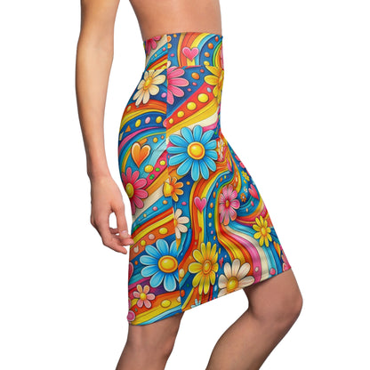 Retro Floral Psychedelic Pencil Skirt — Colorful 70s Daisy Heart Print