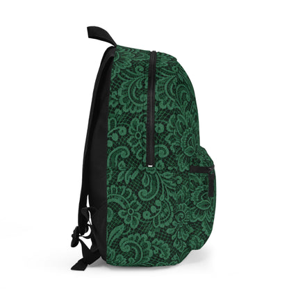 Green Floral Lace Pattern Backpack — Elegant Vintage-Style Daypack