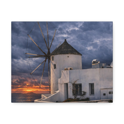Oia Santorini Windmill Coastal Sunset Canvas — Greek Island Seascape Wall Art