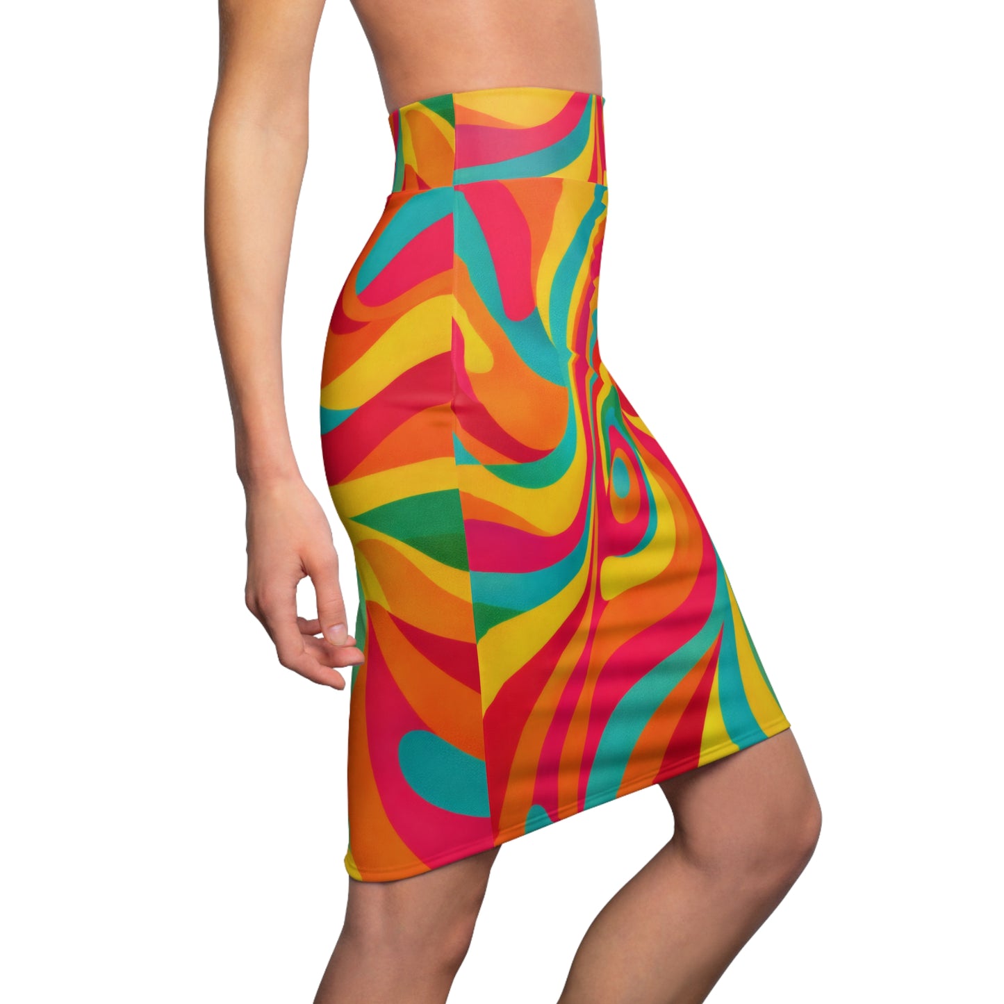 Psychedelic Swirl Pencil Skirt — Retro Rainbow AOP