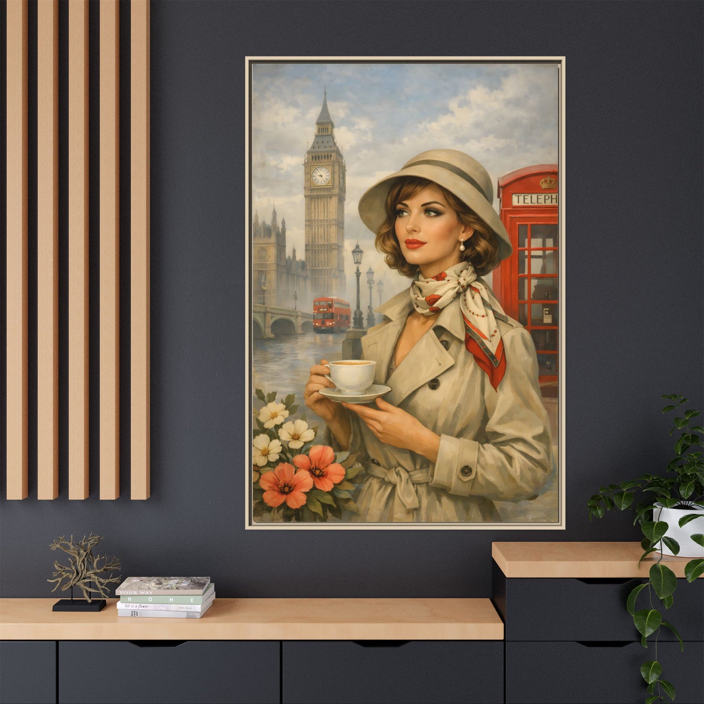 Elegant vintage woman drinking tea in front of Big Ben in London, retro British travel fashion illustration Matte Canvas