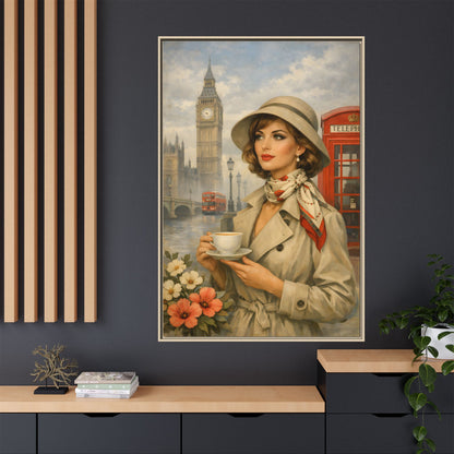 Elegant vintage woman drinking tea in front of Big Ben in London, retro British travel fashion illustration Matte Canvas