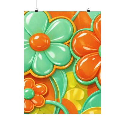 Retro Orange Teal Flower Pattern Poster | Satin Poster