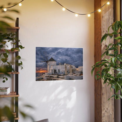 Oia Santorini Windmill Sunset Poster — Mediterranean Landscape Photo Art Print