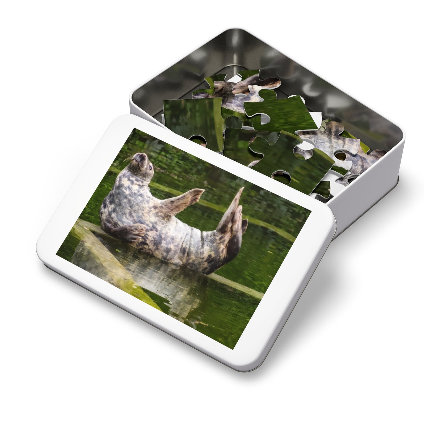 Funny Seal Yoga Jigsaw Puzzle in Tin Box, Relaxed Harbor Seal Game, Cute Marine Life Gift, Quirky Wildlife Puzzle