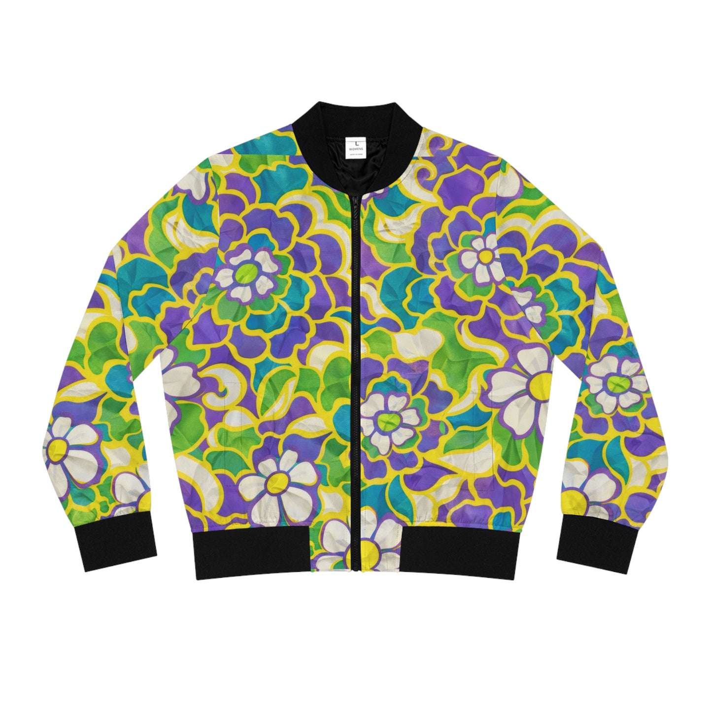 Floral Retro Bomber Jacket — Vibrant Green & Purple All-Over Print