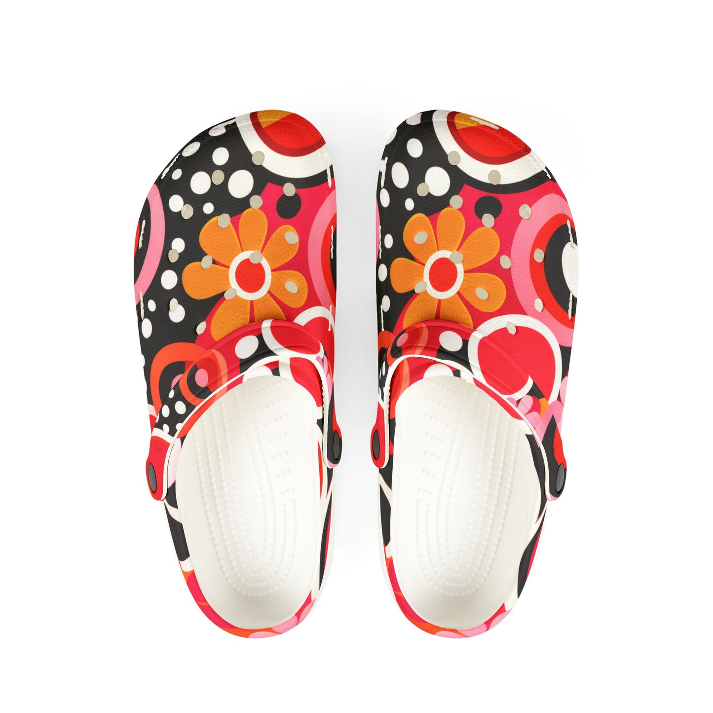 Red Retro Circles EVA Clogs – Floral Pop Garden Slip-On Shoes
