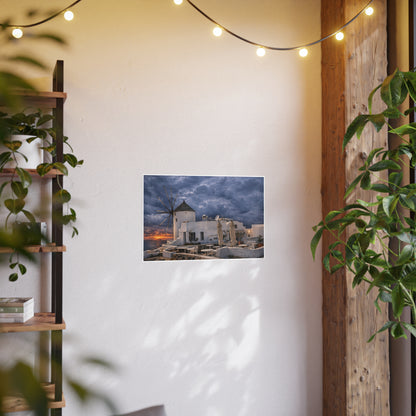 Oia Santorini Windmill Sunset Poster — Mediterranean Landscape Photo Art Print