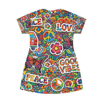 Peace & Love Hippie T‑Shirt Dress — Good Vibes All‑Over Print