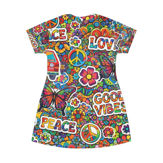 Peace & Love Hippie T‑Shirt Dress — Good Vibes All‑Over Print