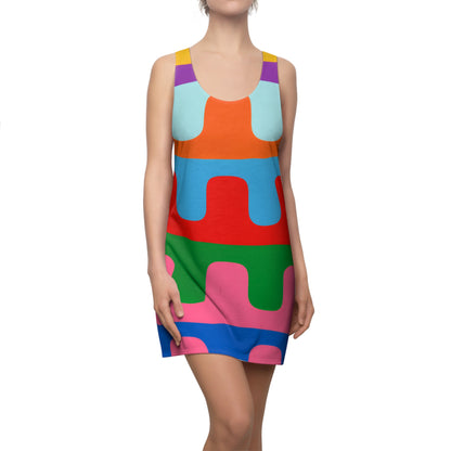 Colorful Retro Block Pattern Racerback Dress — Bold Geometric AOP Summer Dress