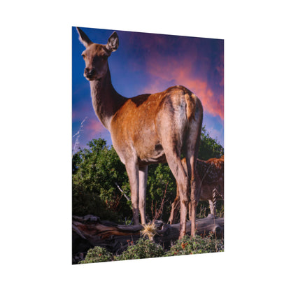 Majestic Deer Sunset Poster, Wild Doe and Fawn Nature Art, Purple Sky Wildlife Photography, Aesthetic Forest Wall Decor