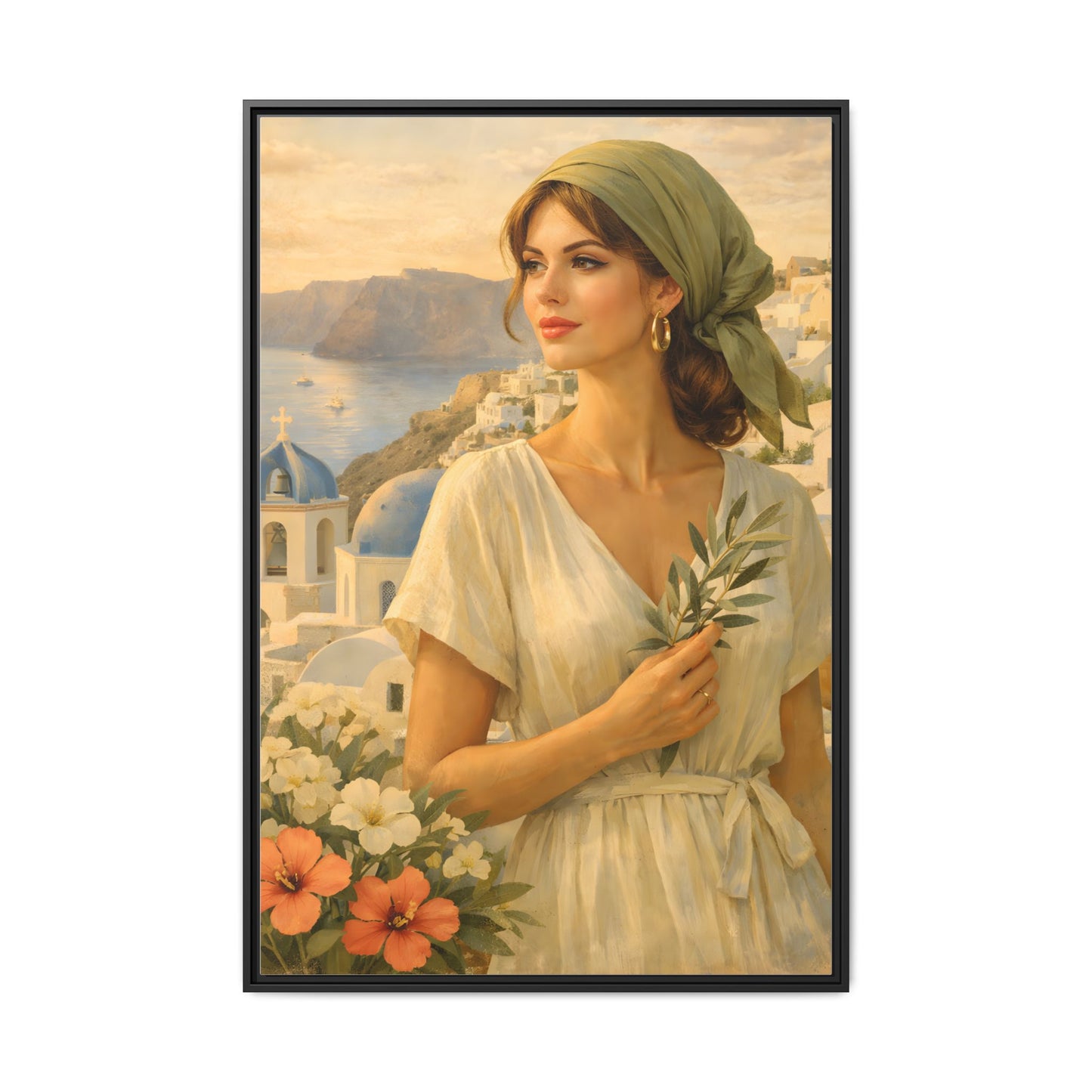 Oia Santorini Greek Woman Portrait — Romantic Vintage Framed Matte Canvas Art
