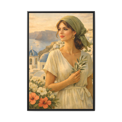 Oia Santorini Greek Woman Portrait — Romantic Vintage Framed Matte Canvas Art