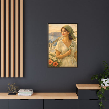 Oia Santorini Greek Woman Portrait — Romantic Vintage Framed Matte Canvas Art