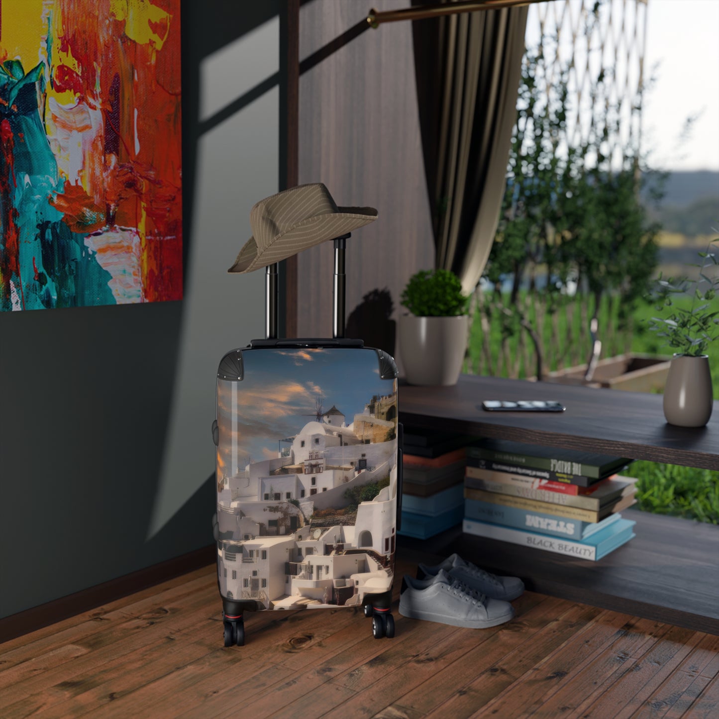 Santorini Sunset Suitcase, Oia Village Greece Travel Luggage, Iconic White Architecture
