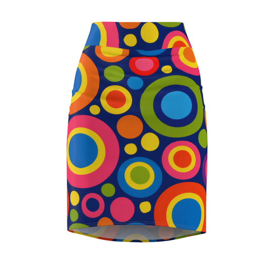 Retro Rainbow Circles Pencil Skirt — Bold 60s Mod Print