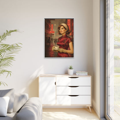 Elegant vintage woman drinking coffee on neon street in Hong Kong Canvas — Framed Matte Wall Art