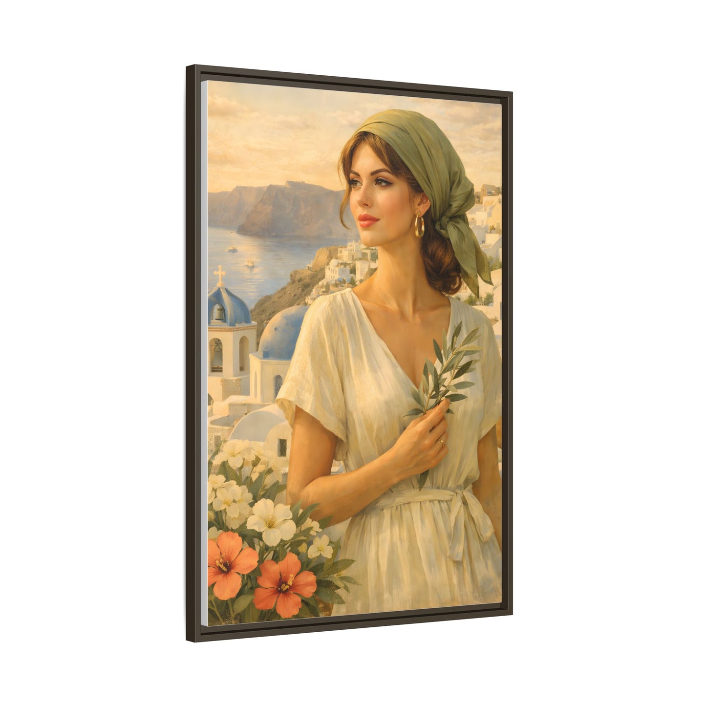 Oia Santorini Greek Woman Portrait — Romantic Vintage Framed Matte Canvas Art