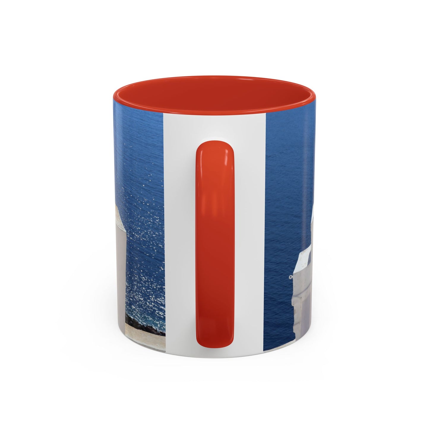 Santorini Bell Towers coffee mug | Greek island scene, blue sea accent mug