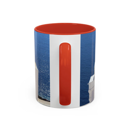 Santorini Bell Towers coffee mug | Greek island scene, blue sea accent mug