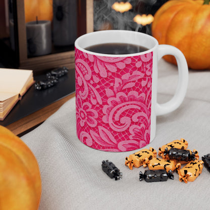 Pink Floral Lace Ceramic Mug — Decorative Paisley Pattern Coffee Cup (11oz, 15oz)