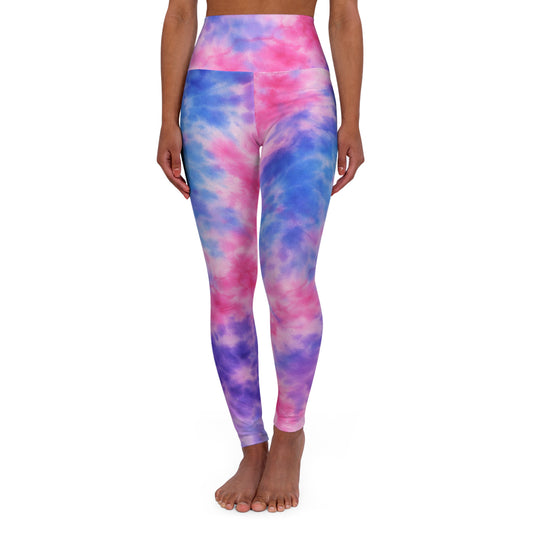 Tie-Dye High-Waist Yoga Leggings — Pink & Blue Cloud Print