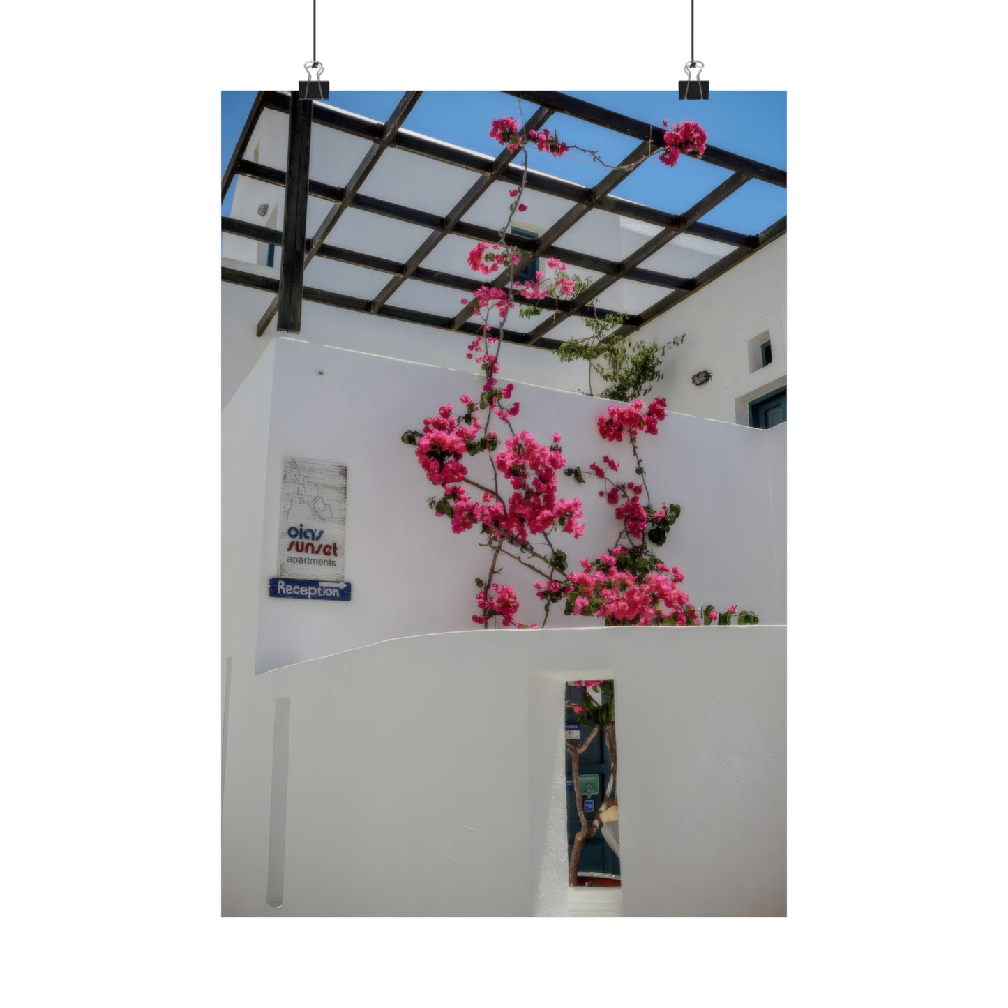 Santorini Bougainvillea Poster, Oia Greece White Architecture Art, Mediterranean Floral Wall Decor, Greek Island Photography Print Art Decor