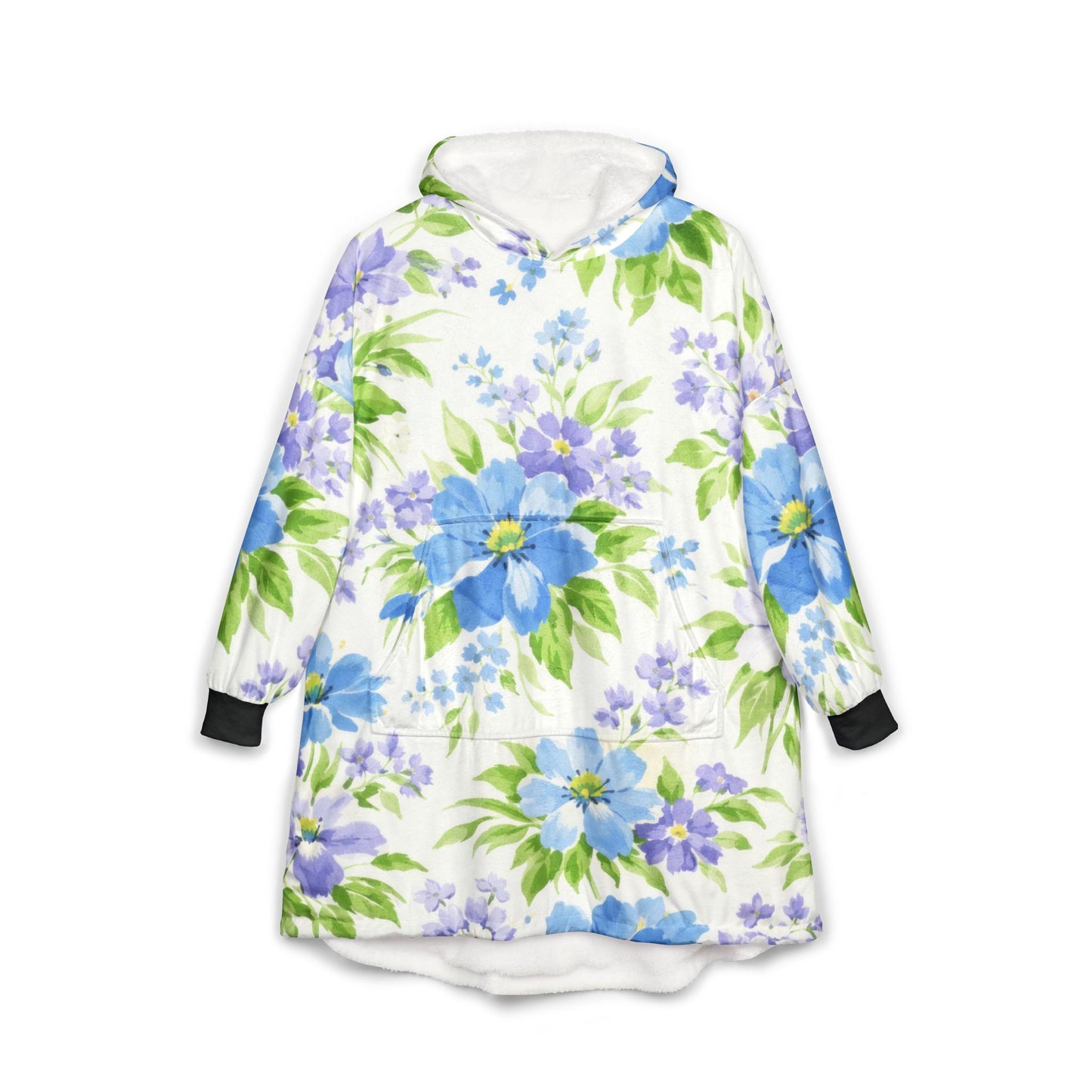 Floral Hoodie — Blue & Lavender Watercolor Flowers, Cozy Oversized Wearable Throw