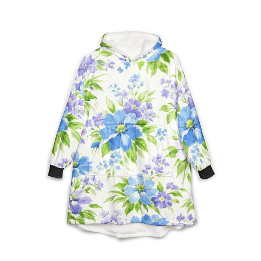 Floral Hoodie — Blue & Lavender Watercolor Flowers, Cozy Oversized Wearable Throw