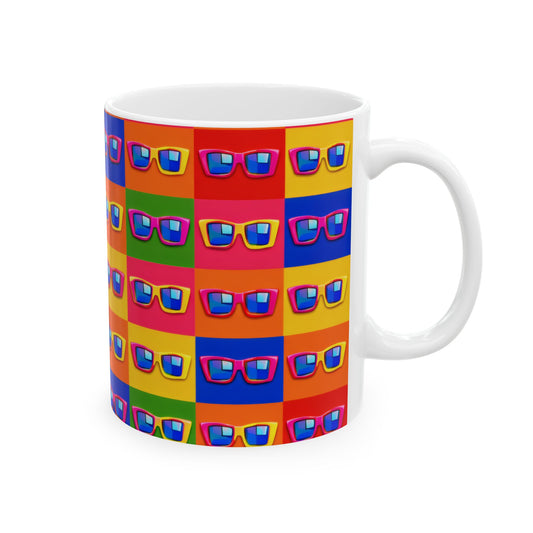 Retro Pop Art Sunglasses Mug — Colorful Patterned Ceramic Coffee Cup (11oz/15oz)