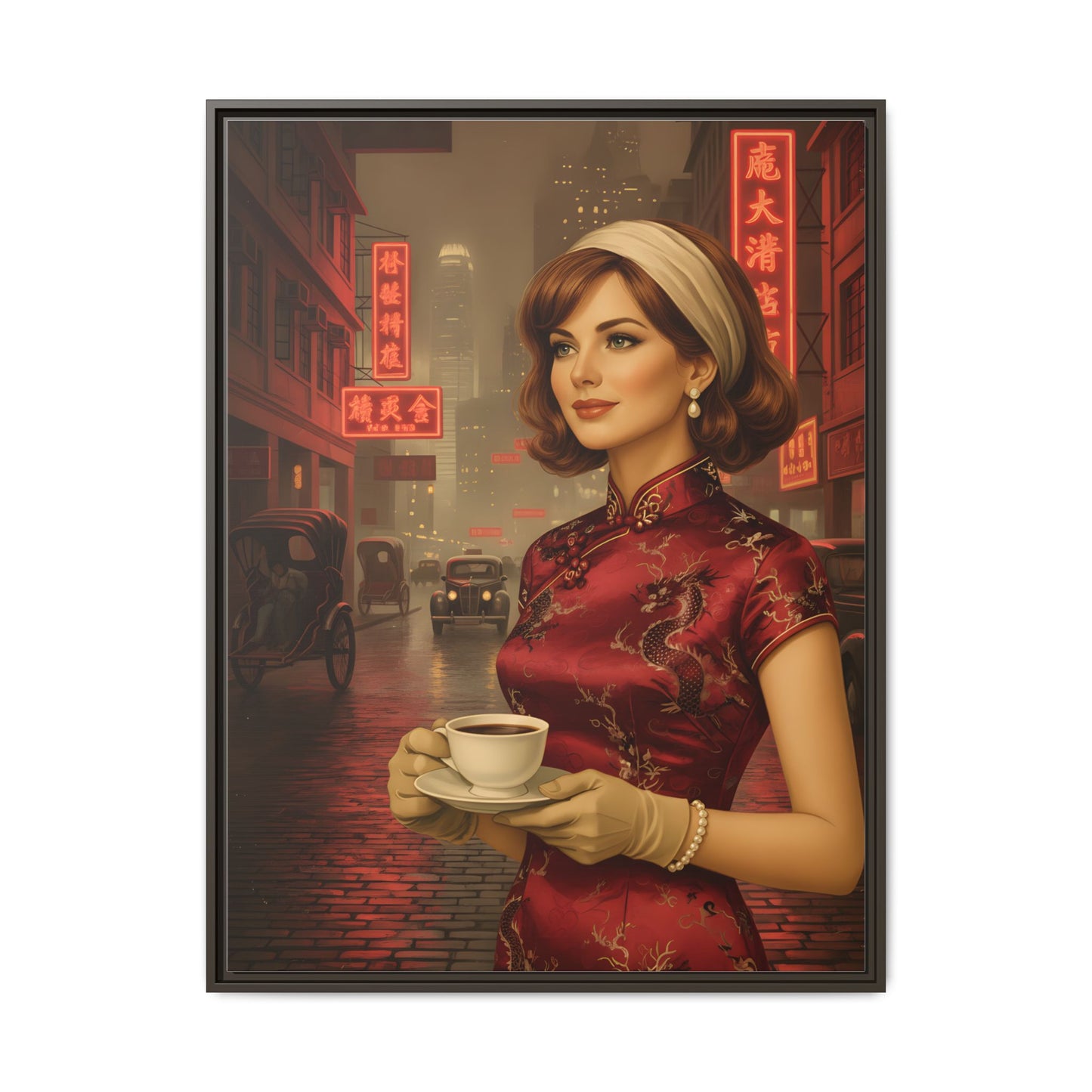 Elegant vintage woman drinking coffee on neon street in Hong Kong Canvas — Framed Matte Wall Art