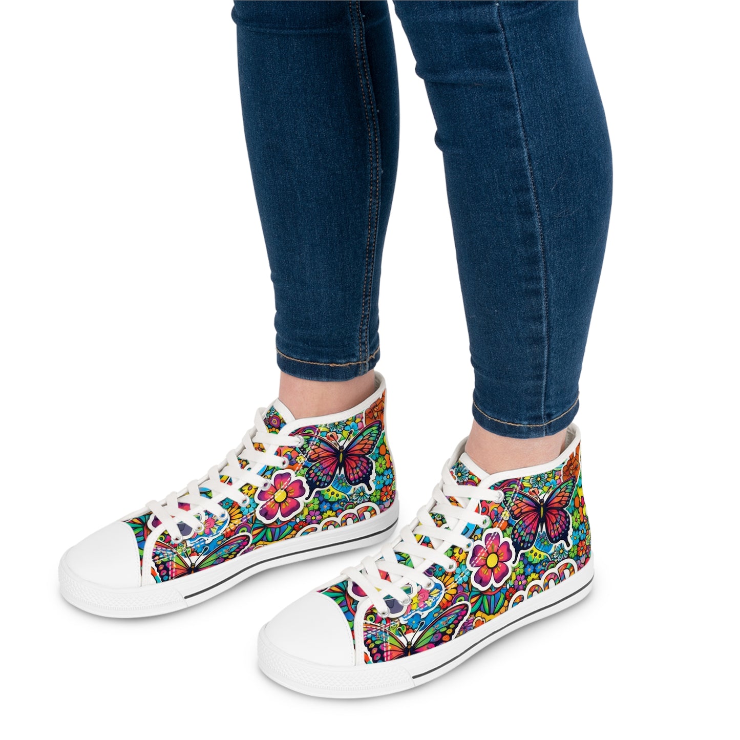 Women’s High Top Sneakers — Colorful 60s Hippie Peace Floral Print ("Peace" & "Good Vibes")