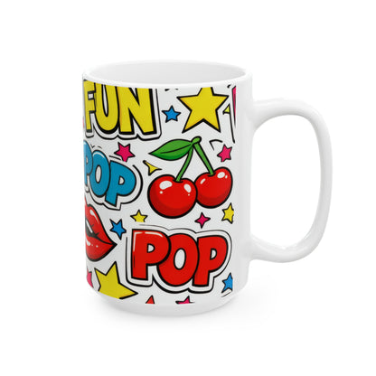 Pop Art Comic Ceramic Mug | Fun Hearts & Lips Coffee Cup (11oz, 15oz)