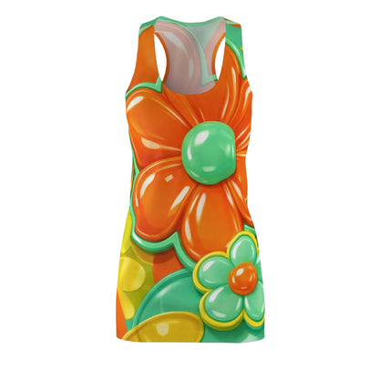 Retro Orange Green Floral Racerback Dress | Psychedelic Flower Print