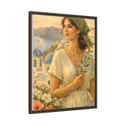 Oia Santorini Greek Woman Portrait — Romantic Vintage Framed Matte Canvas Art