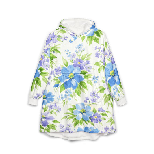 Floral Hoodie — Blue & Lavender Watercolor Flowers, Cozy Oversized Wearable Throw