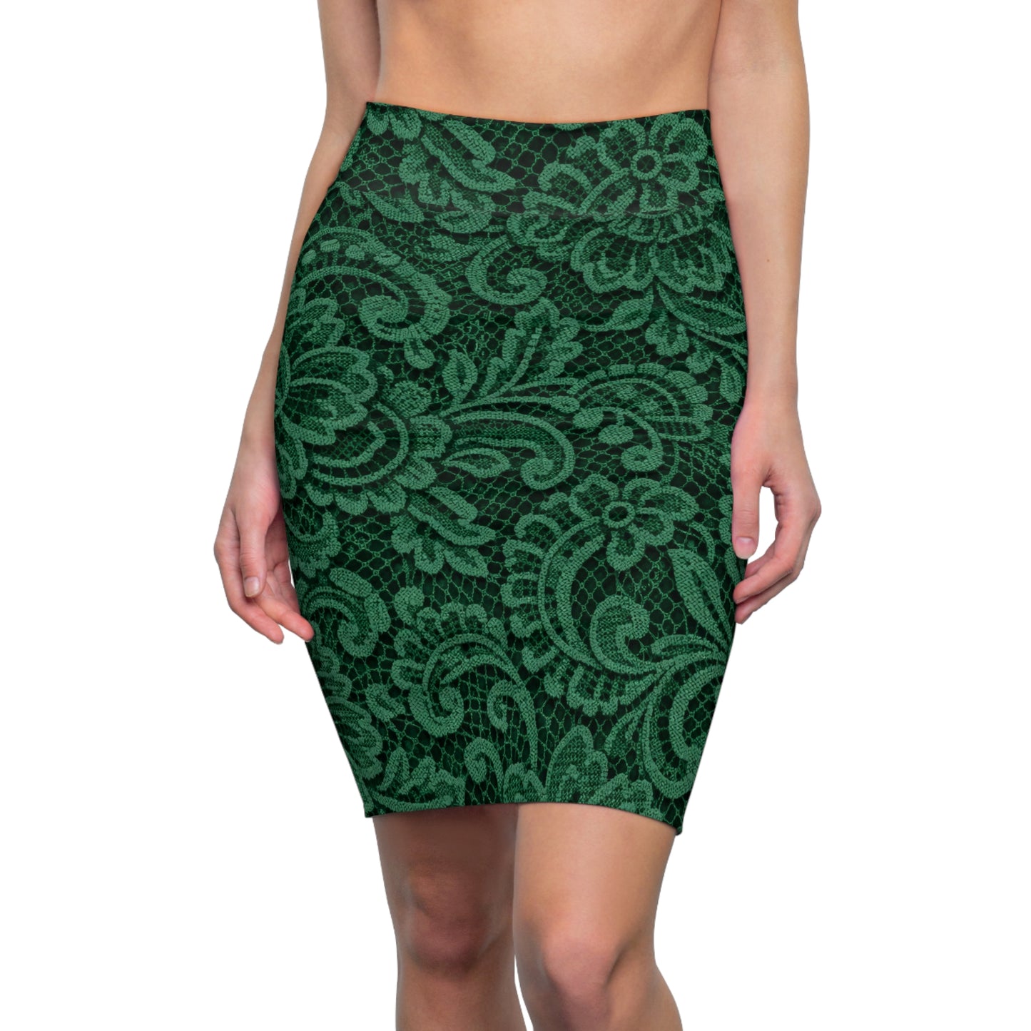 Emerald Lace Pencil Skirt — Elegant Floral Print AOP