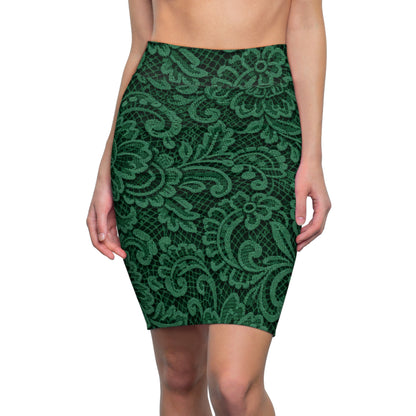 Emerald Lace Pencil Skirt — Elegant Floral Print AOP