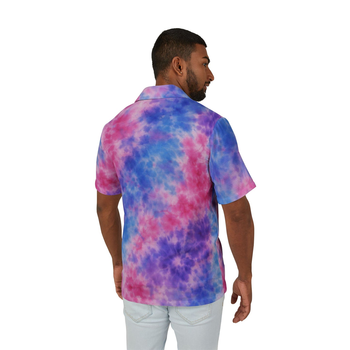 Men's Tie-Dye Hawaiian Camp Shirt — Pink & Blue Vacation Button-Up