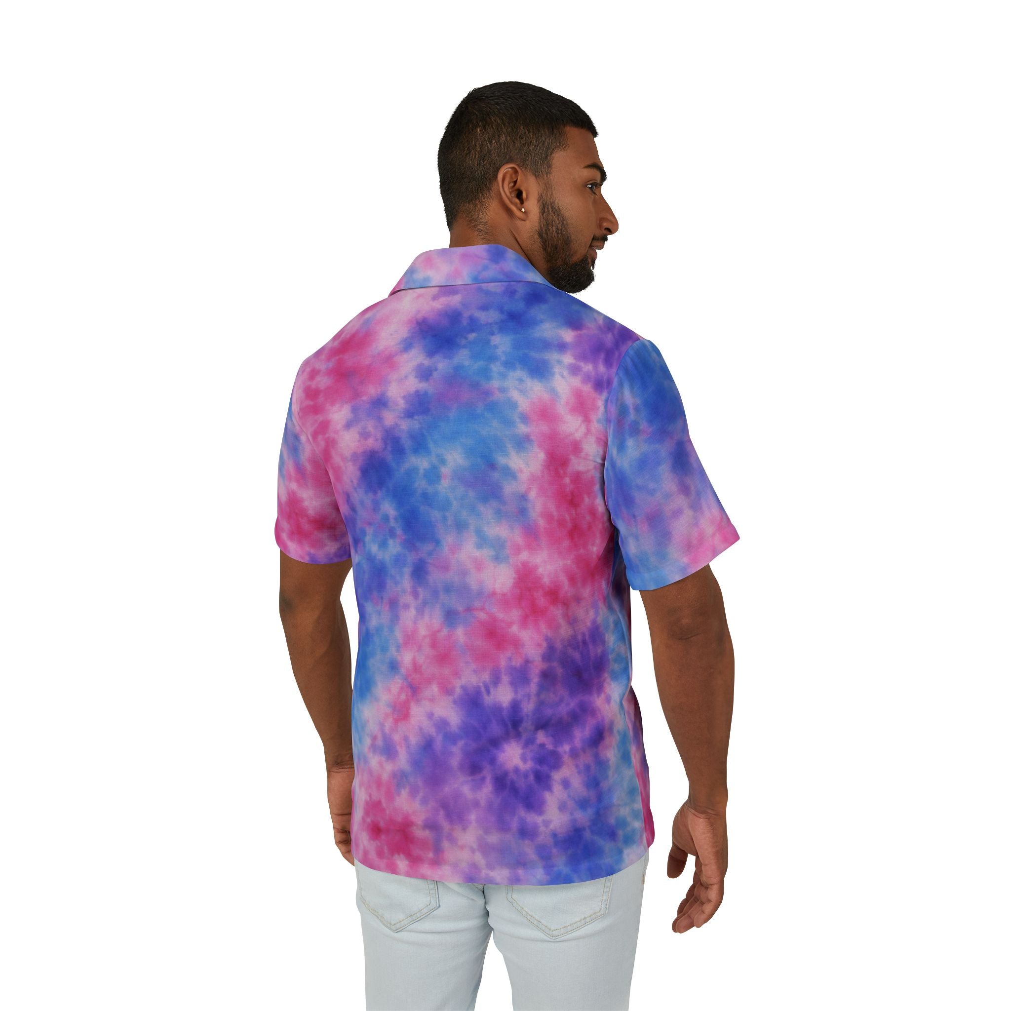 Men's Tie-Dye Hawaiian Camp Shirt — Pink & Blue Vacation Button-Up